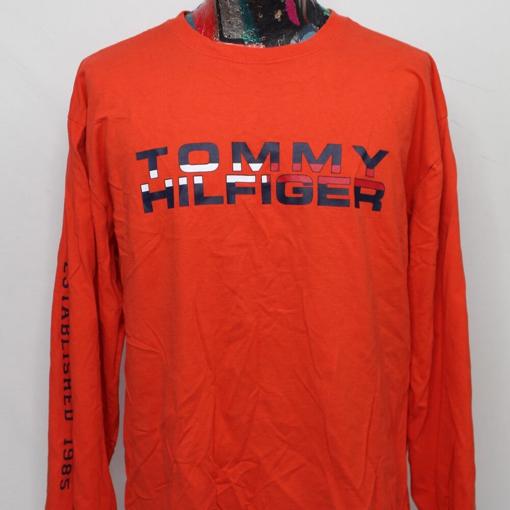Vintage Tommy Hilfiger Spell Out Orange Long Sleeve Mens Size XL